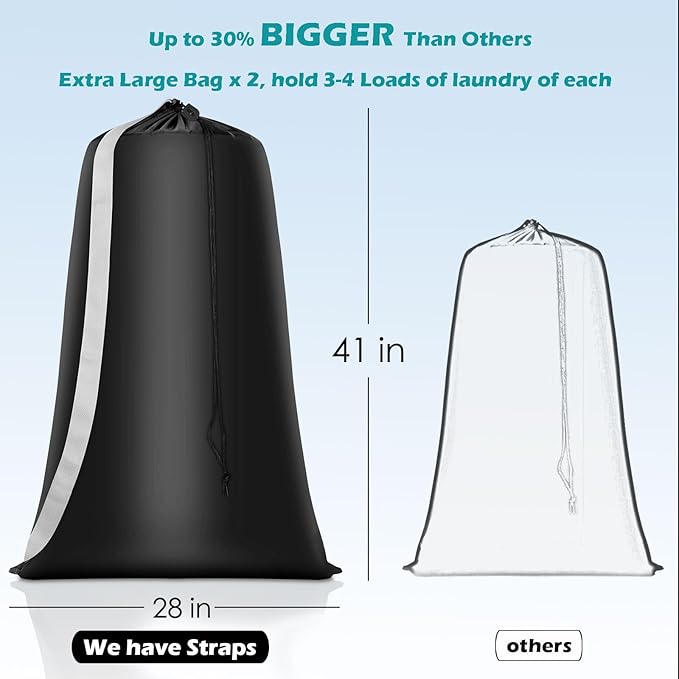 Heavy Duty Laundry Bag 2 Pack XL Nylon Laundry Bags with Straps, Washable Large Dirty Clothes Organizer with Drawstring Closure, Travel Washing Bag Fit a Laundry Hamper or Basket
