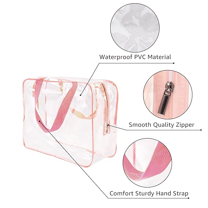 4Pcs Crystal Clear PVC Travel Toiletry Bag Kit for Women Men, Waterproof Vinyl Packing Organizer Storage Bags with Zipper Handle Straps, Cosmetic Pouch Carry on Airport Airline Compliant Bag Handbag