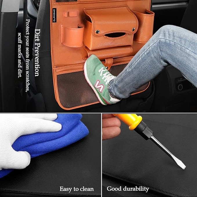 Car Backseat Organizer with Foldable Table Tray,Car Storage Organizer with Tablet Holder,Car Seat Back Protectors Kick Mats,Premium PU Leather Material,Compatible with Most Vehicles