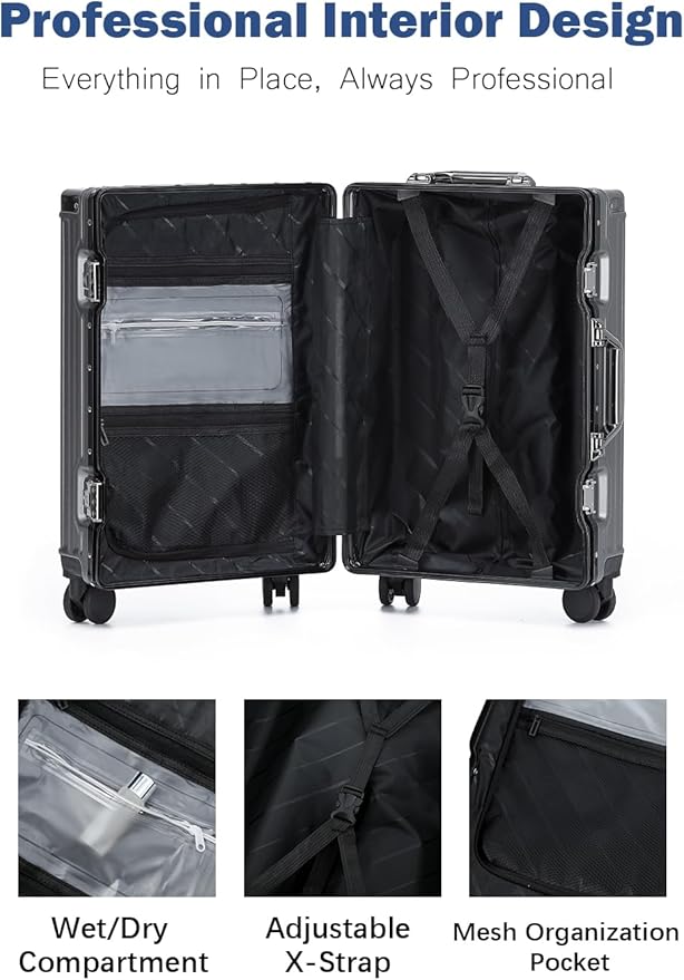 HotWay 20 Inch Aluminum Frame Carry On Luggage with Spinner Wheels, PC Hard Shell Suitcase with Cup Holder, Zipperless Luggage for Business Travel, Gray