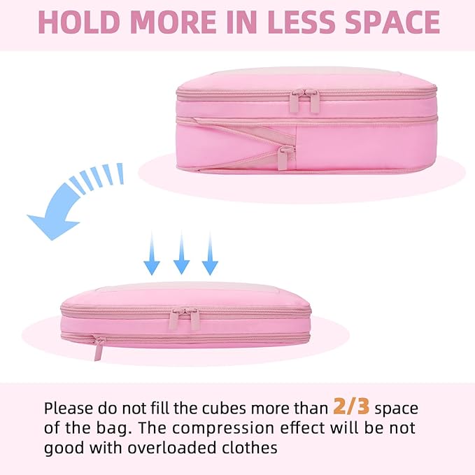 BAGAIL 4 Set/6 Set/8 Set Compression Packing Cubes Travel Accessories Expandable Packing Organizers (Square Mesh, 06-Pink)