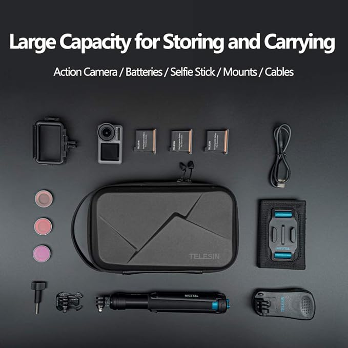 TELESIN Carry Case Waterproof Hard Carrying Bag for GoPro Max Hero 13 12 11 10 9 8 7 6 Insta360 X2 X3 X4 X5 GO3 Ace Pro 2 DJI Osmo 360 Osmo Action 5 4 Pocket 3 Battery Charger Strap Mount Accessories
