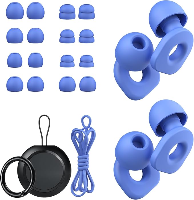 2 Pairs of Earplugs for Sleeping,Reusable Hearing Protection Earplugs with 8 Pairs Ear Tips & One Connector Cord,Soft Earplugs for Noise Reduction,Concert,Musician & Work - 25dB-30dB, Blue