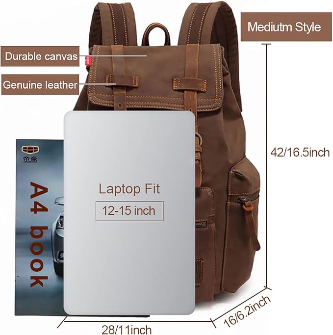 AUGUR High Capacity Canvas Vintage Backpack - for School Travel 12-15" Laptop Backapcks for Men Casual Daypacks Rucksack (M-Coffee)