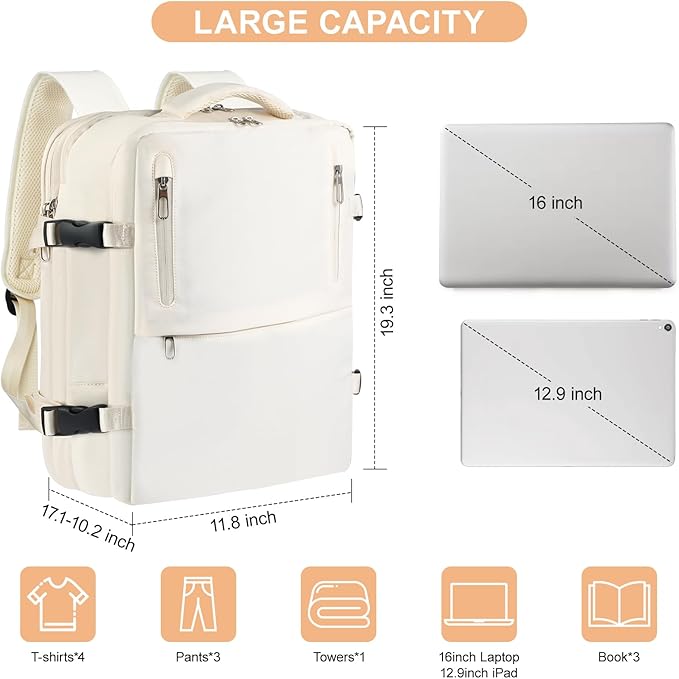 Travel Laptop Backpack with USB Charging Port Business Anti Theft Water Resistant Flight Approved Expandable Backpack (white)
