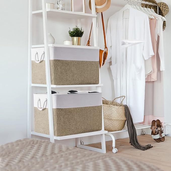 TheWarmHome Organization Basket - 20x16x14 inch Jumbo 3 Pack Collapsible Storage Bins for Shelves, Fabric Storage Cubes for Closet Organizer Gift Toy (White & Khaki)