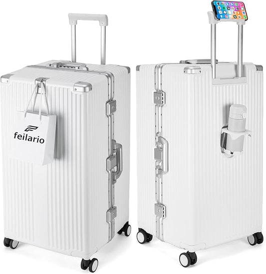 feilario 29in Super Large Captain Aluminum Frame Hardside Spinner Wheels Luggage, Removable Wheels Zipperless Checked Suitcase with Cup Holder/Phone Holder