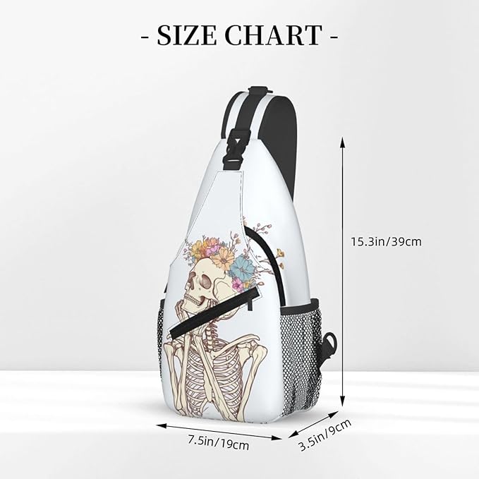 SUPLUCHOM Sling Bag Skeleton Flower Skull Hiking Daypack Crossbody Shoulder Backpack Travel Chest Pack for Men Women