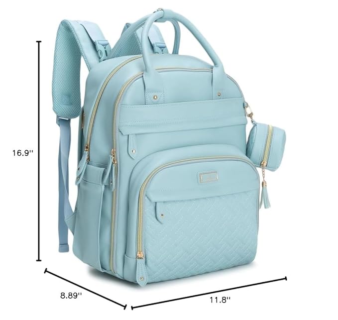 BabbleRoo Leather Diaper Bag Backpack - Baby Essentials Travel Baby Bag, Multi function, Water Resistant, with Changing Pad, Stroller Straps & Pacifier Case – Unisex, Powder Blue