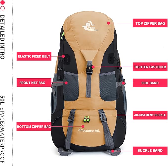 Bseash 50L Hiking Backpack, Water Resistant Lightweight Outdoor Sport Daypack Travel Bag for Camping Climbing Skiing Cycling (Gold - With Shoe Compartment)
