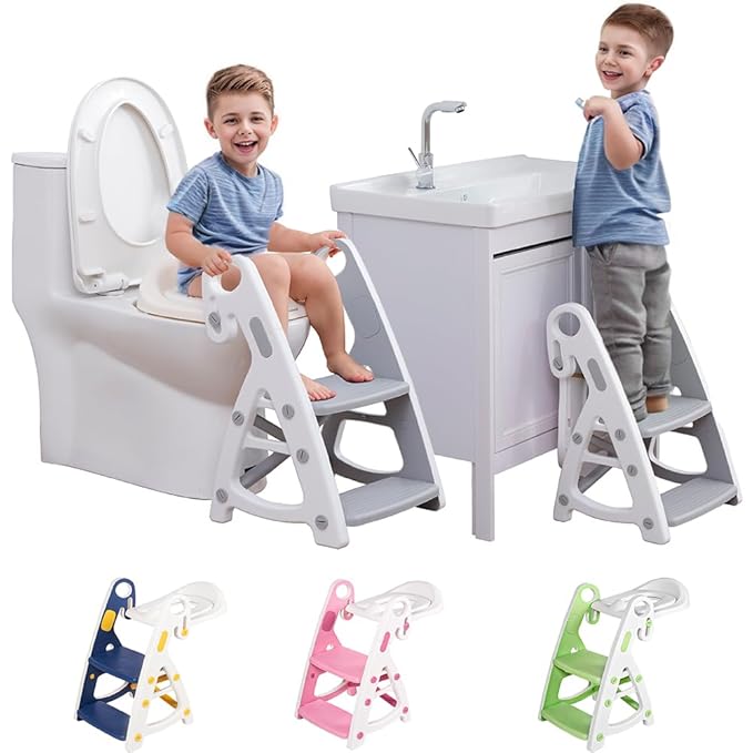 Potty Training Seat: 2 in 1 Design Potty Seat for Toilet & Nursery Step Stool for Sink Potty Training Toilet with Height Adjustable Ladder for Kids of All Ages (Gray)