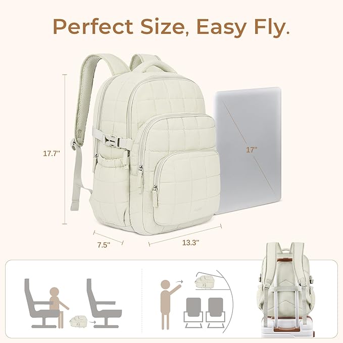 CLUCI 17.3 Inch Laptop Backpack for Women, Anti Theft Travel Backpack, Puffer Quilted Work Backpack, Water Resistant College Bookbag, Carry on backpack with RFID (Beige)