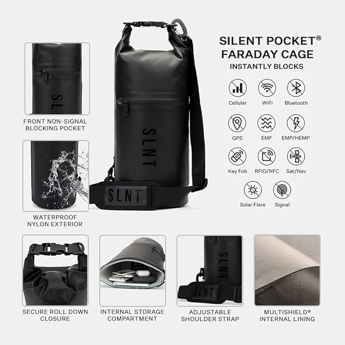 SLNT Waterproof Faraday Dry Bag - 420D Waterproof Nylon Signal Blocking Backpack - Protects Electronics from Water, Spying, Hacking - Blocks RFID, WiFi, Bluetooth, NFC, Cellular, GPS, EMF (10 Liter)