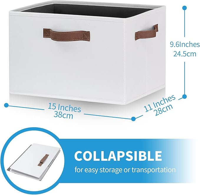 GhvyenntteS Large Fabric Storage Bins with 3 Handles, 15x11x9.6 Inch Storage Baskets for Shelves, Foldable Closet Storage Bins for Shelves, Closet Organizers and Storage Boxes, White