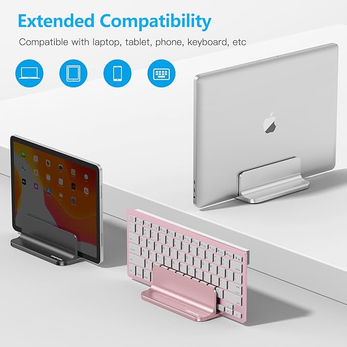 OMOTON Vertical Laptop Stand Holder, Desktop Aluminum Stand for MacBook with Adjustable Dock Size, Fits All MacBook, Surface, Chromebook and Gaming Laptops (Up to 17.3 inches), Silver