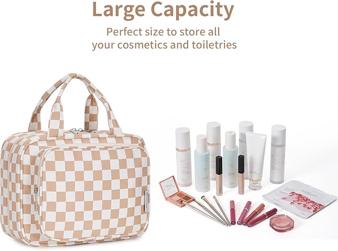 Narwey Hanging Toiletry Bag for Women Travel Makeup Bag Organizer Toiletries Bag for Travel Size Essentials Accessories Cosmetics (Light Checkerboard (Medium))