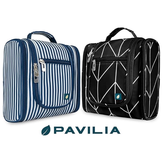 PAVILIA Toiletry Bag Travel Bag for Women Men, Hanging Cosmetic Organizer, Water Resistant Makeup Bag for Accessories Toiletries, Large Travel Essentials Kit (Stripe Navy)