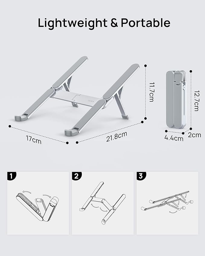 SODI Ultra Compact Foldable Laptop Stand - Portable Laptop Holder for Desk & Travel Use, Ergonomic Aluminum Computer Holder with Adjustable Height for MacBook, Tablet 10-16" (Light Gray, Bi-Fold)