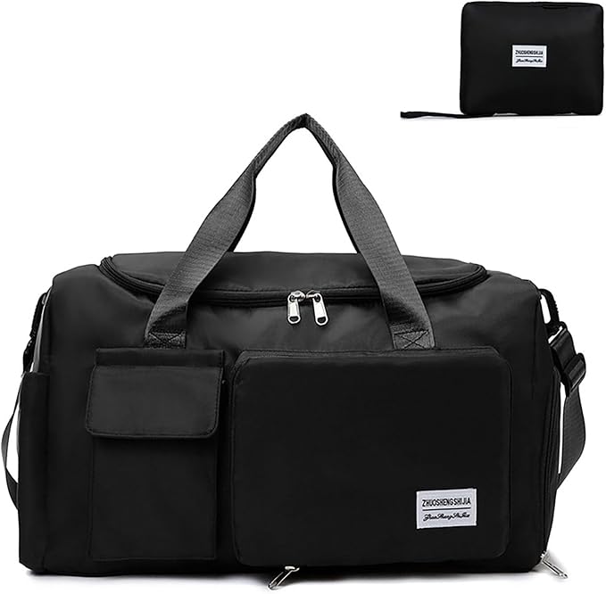 Multipurpose 20L Foldable Duffel Bag Gym Yoga Bag Carry-On Shopping Sack Travel Organizer Cabin Bag Sundry Package Wet&Dry Compartment (Black)
