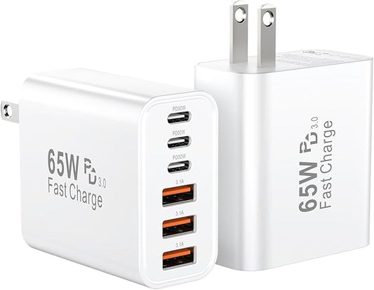 USB C Fast Charger Block, iPhone Charger Fast Charging Blocks 65W Multi Port Charger 6-Ports PD & QC Charging Cube Brick Power Adapter Type C Wall Chargers for iPhone 17/16/15/14/13/12 Pro Max, iPad