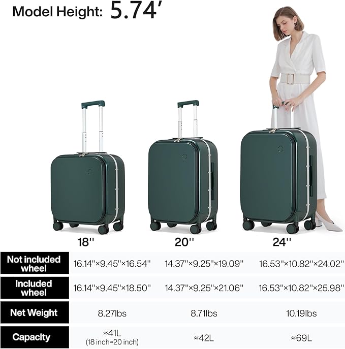mixi Carry On Luggage, 20'' Suitcase with Front Laptop Pocket, Travel Rolling Luggage Aluminum Frame PC Hardside with Spinner Wheels & TSA Lock and Cover - Blackish Green