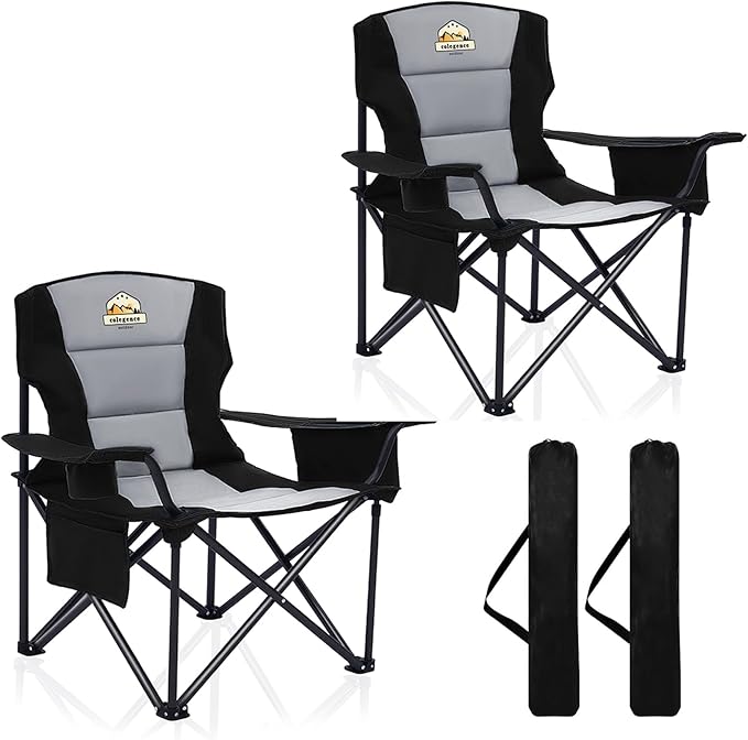 Oversized Camping Chairs 2 Pack - 450lbs Support Heavy Duty Folding Camp Chair Wide Portable Outside Collapsible Chairs with Carry Bag,Cooler,Cup Holder for Outdoor,Lawn,Sports,Baseball,Soccer-Black