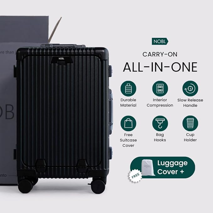 Nobl Travel Carry On Luggage, Noble Zipperless Aluminum Frame, 22.5x15x9.5, 360 Degree Spinner Wheels, TSA Locks, USB Charging Port, Cup & Phone Holder - Black