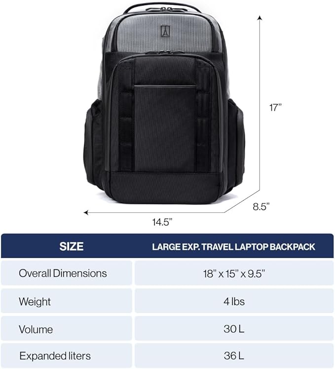 Travelpro Altitude Large Expandable Travel Laptop Backpack 30-36L, 16 Inch Laptop, Water Resistant, Work, Business, Men and Women, Jet Black