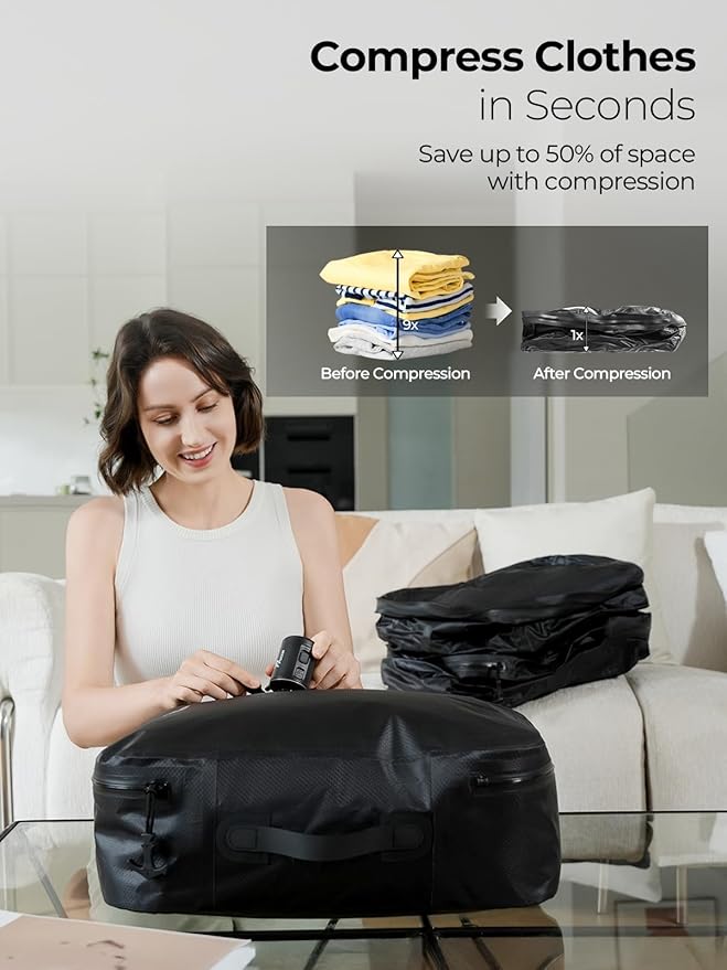 Vacuum Bags for Travel with Wireless Pump, 180° Open Zipper, IP67 Waterproof, Reusable Space Saver Compression Bags for Backpack, Suitcase, Home Storage(3 Pack + Pump)