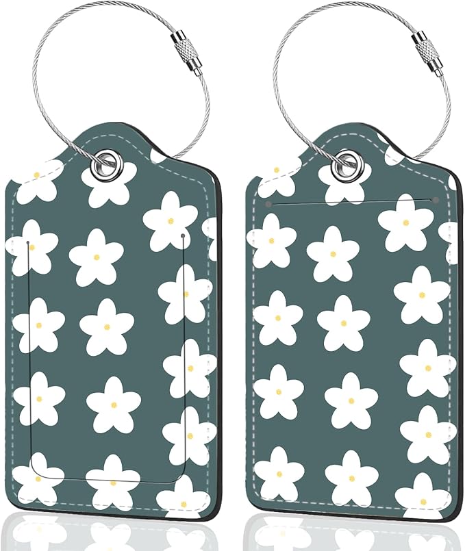 2Pack Luggage Tags for Suitcases, Cute Unique Pu Leather Cruise Luggage Tag with Privacy Cover ID Label Address Card and Metal Ring Suitable for Women Men Kids Travel Bag Little White Flower