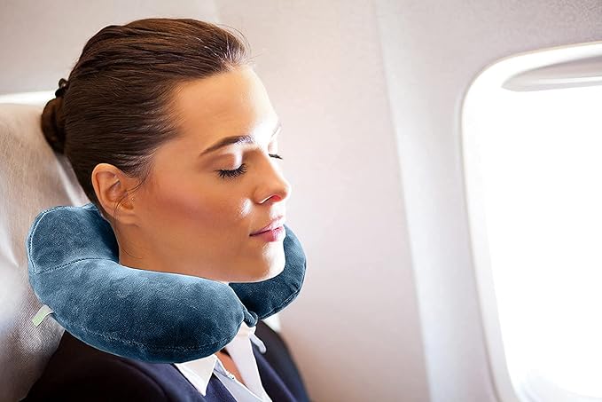 Inflatable Travel Neck Pillow: Extra-Soft, Cushion. for Airplanes, Trains, Cars, Portable Travel Accessory-with Carrying Pouch for Cell Phone and Passport Etc. (Blue 2 Pack)