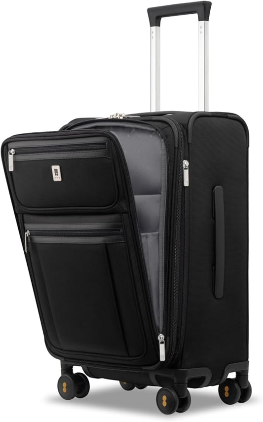 LEVEL8 Carry On Luggage Airline Approved with Compartment, Softside Expandable Rolling Suitcase with Spinner Wheels, Black, Carry-On 20-Inch