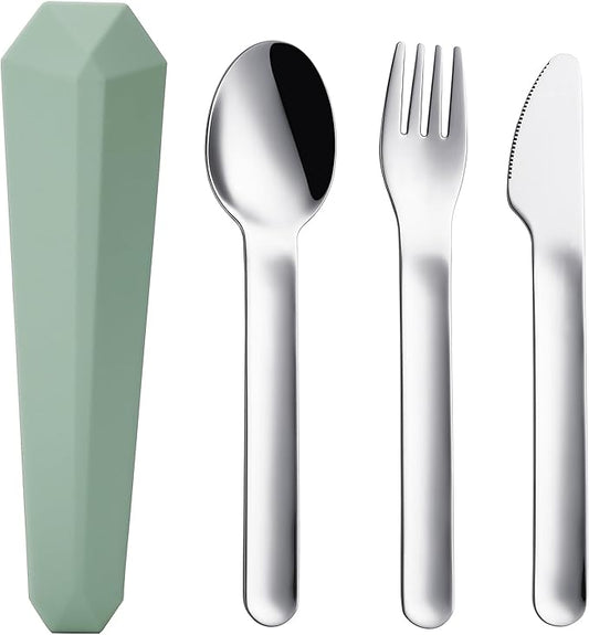 DEVICO Travel Utensils with Case, Reusable Camping Silverware Cutlery, 18/8 Stainless Steel Portable Fork Spoon Knife Set for Lunch Picnic School Workplace (Green)