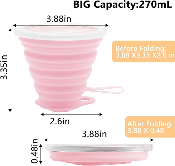 Litoexpe 2 Pack Silicone Collapsible Travel Cup Portable Folding Camping Cup Sets with Lids, Pink & Green, Capacity 9.22oz (270ml)
