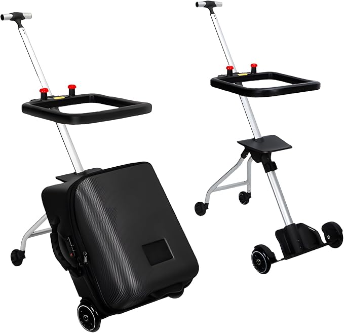Children's Ride-On Suitcase, Ride on Suitcase for Kids, Kids Luggage Set, Fashion Travel Student Trolley Boarding Toy Box, 2-in-1 Case & Baby Stroller,Black