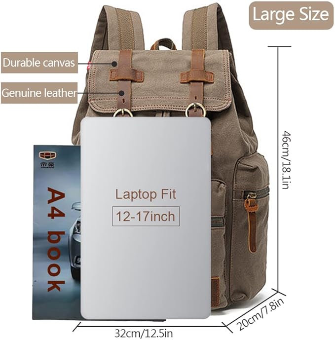 AUGUR High Capacity Canvas Vintage Backpack - for School College Hiking Travel 12-17" Laptop