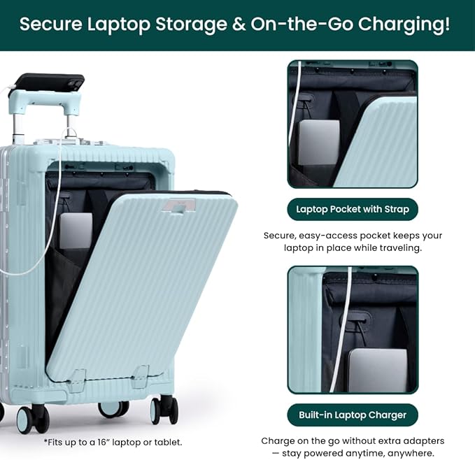 Nobl Travel Carry On Luggage, Noble Zipperless Aluminum Frame PC Hard Shell Suitcase, 22.5x15x9.5 Airline Approved, 360° Spinner Wheels, TSA Locks, USB Charging Port, Cup & Phone Holder - Baby Blue