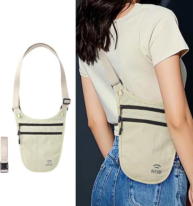 Crossbody Money Belt for Travel Women & Men Hidden, Travel Wallet Pouch - Slim Passport Holde, RFID Blocking Neck Wallet Under Clothes to Protect Cash, Credit Cards and Documents (KHAKI)