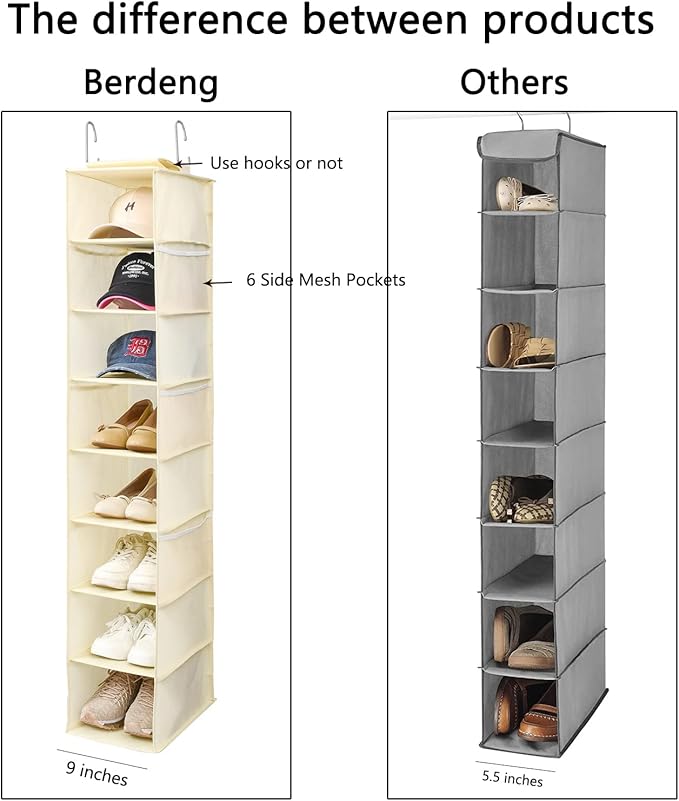 Hanging Shoe Organizer for Closet with Side Mesh Pockets，Hat Racks for Baseball Caps，Shoe and Hat Holder & Storage，8-Shelf，Beige，2 Pack