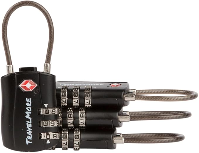 4 Pack TSA Approved Travel Combination Cable Luggage Locks for Suitcases & Backpacks - Black