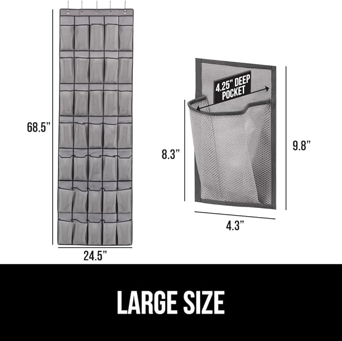 GORILLA GRIP Over the Door Shoe Organizer, 35 Large Breathable Mesh Pockets, Space Saving Hanging Storage Holder, 5 Hook Closet Rack Hanger, Hangs on Closets for Shoes, Accessories 68.5H x 24.5W Gray
