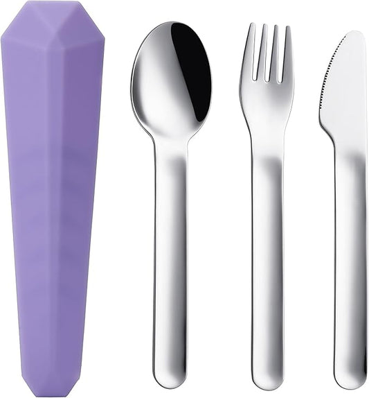 DEVICO Travel Utensils with Case, Reusable Camping Silverware Cutlery, 18/8 Stainless Steel Portable Fork Spoon Knife Set for Lunch Picnic School Workplace (Purple)