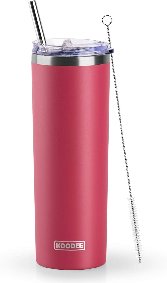 koodee 20 oz Skinny Tumbler with Straw, Stainless Steel Double Wall Insulated Slim Tumbler for Women/Men Diy Birthday Gift (Wine Red)