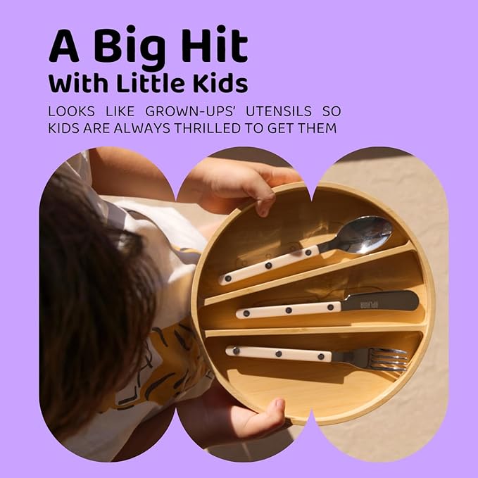 Kids Silverware Set, Stainless Steel Toddler Silverware with Bamboo Organizer, Montessori Kids Utensils, 10 Piece Cutlery Set with Forks, Spoons & Knives, Children Safe Metal Flatware