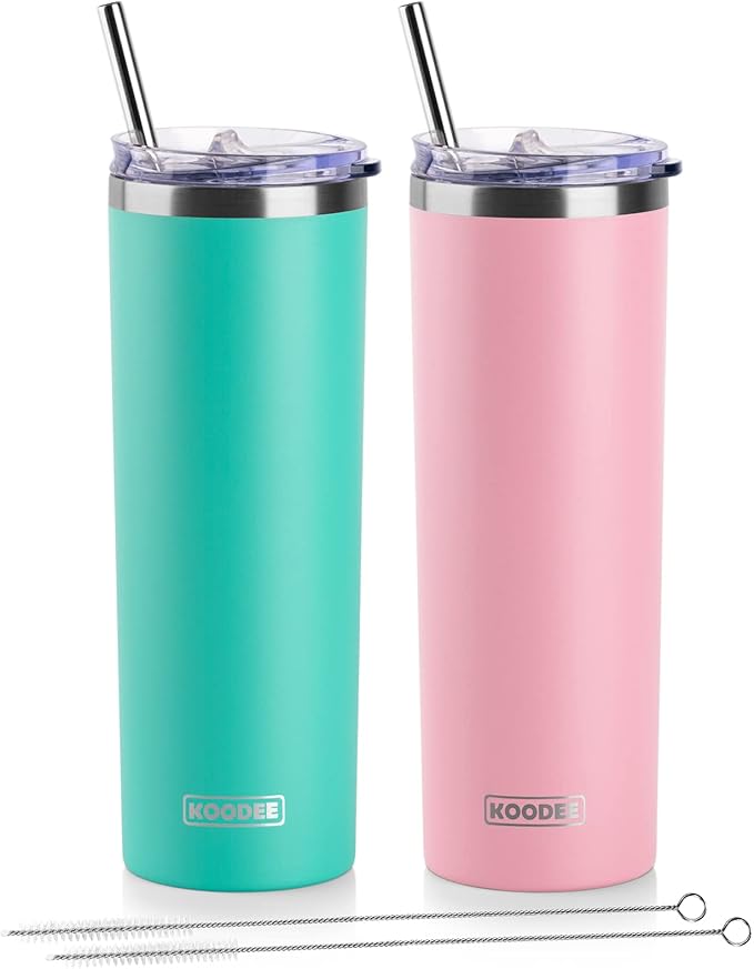 koodee 20 oz Skinny Tumbler (2 Pack) Stainless Steel Double Wall Insulated Water Tumbler Cup with Straw, Slim Travel for Women Diy Birthday Gift (Teal-Pink)