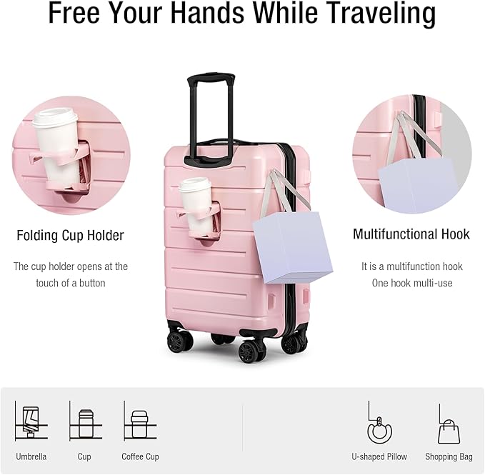 KYME Pink Hardside Carry On Luggage 22x14x9 Airline Approved with TSA Lock Hardshell Carry-On Suitcase with Wheels Travel Rolling 22 inch Luggage with Cup Holder for Women