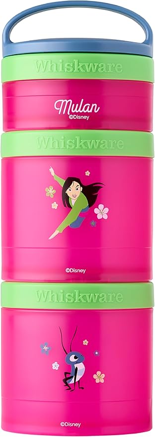 Whiskware Disney Princess Stackable Snack Containers for Kids, 3 Stackable Snack Cups for School and Travel, Mulan and Cri-Kee