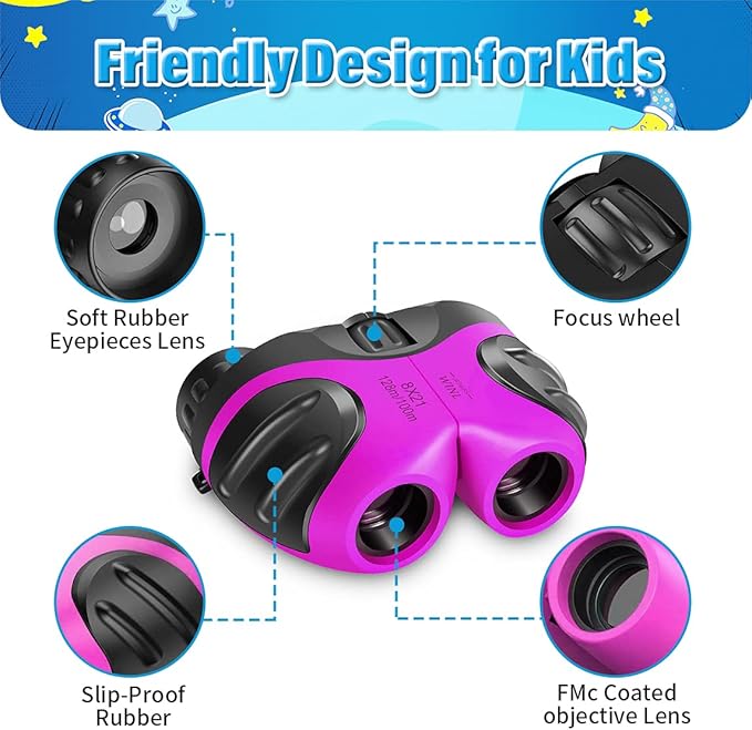 VNVDFLM Binoculars Toys for Children,Birthday Gifts for 4-9 Years Old Boys for Outdoor Play,5-12 Years Old Girls Presents,Best Gift for Kids Hunting,Learning (Pink)