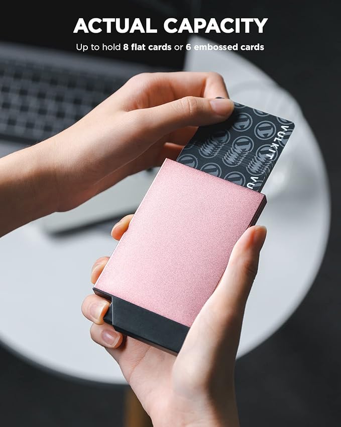 VULKIT Pop up Card Holder Minimalist Credit Card Holder RFID Blocking Slim Metal Card Case for Men or Women(Rose Gold)