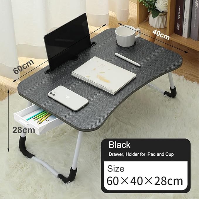 Home Office Lap Desk with Storage Drawer, Cup and Phone Holder, Laptop Bed Tray Table, 23.6" Foldable Desk, Laptop Stand for Breakfast, Working, Writing, Gaming and Drawing